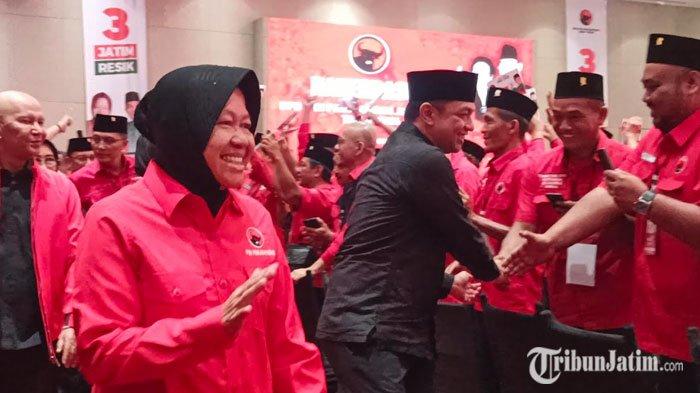 Pasangan calon Tri Rismaharini-KH Zahrul Azhar Asumta Gus Hans saat hadir dalam Rakerdasus PDI Perjuangan Jatim di Hotel Vasa Surabaya, Kamis (26/9/2024).