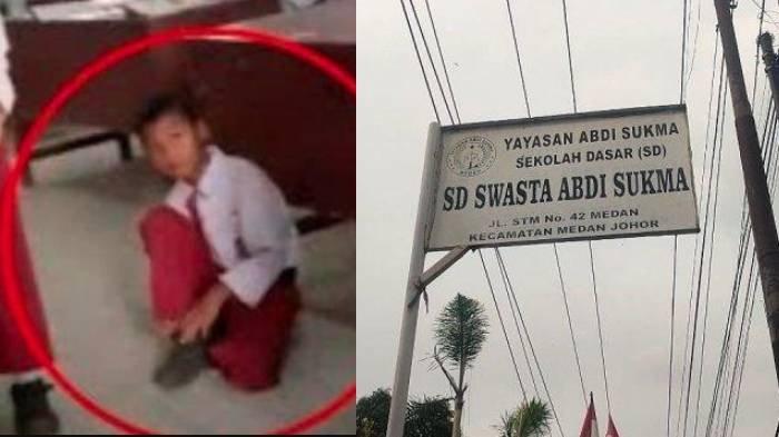 Plang Yayasan Abdi Sukma sekolah siswa yang dihukum belajar dengan duduk di lantai.