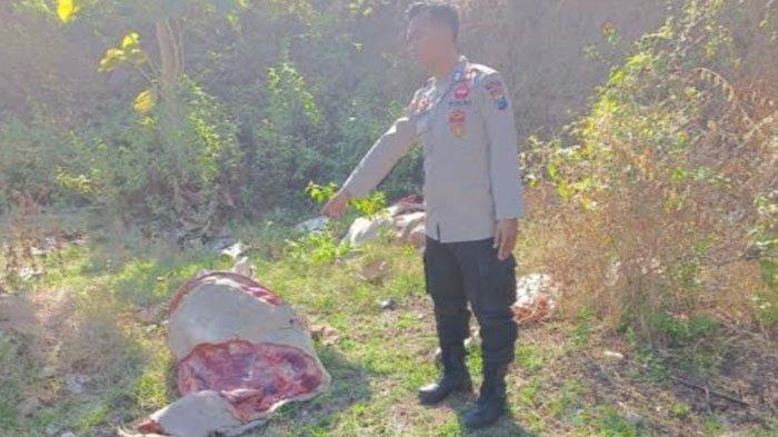 Polisi saat mendatangi lokasi temuan sapi terpotong di pekarangan belakang tanah persil Perhutani, turut Dusun Mahbeser, Desa Tuwirikulon, Kecamatan Merakurak, Tuban, Jumat (21/7/2023) pagi.