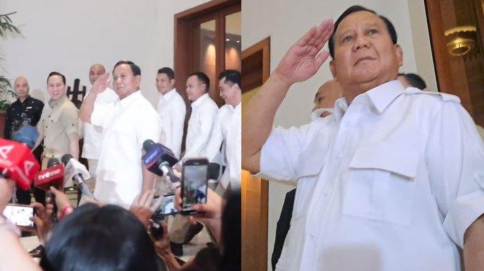 Ketua Umum Partai Gerindra, Prabowo Subianto, lari kecil saat ditemui di Hotel Dharmawangsa, Jakarta Selatan, pada Senin (23/10/2023).