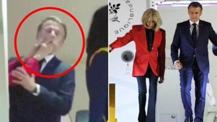 PRESIDEN DITAMPAR ISTRI - Tangkapan video viral Presiden Prancis Emmanuel Macron diduga ditampar istrinya, Brigitte saat tiba di Vietnam, Minggu (25/5/2025). Pihak kantor kepresidenan memberikan klarifikasi.