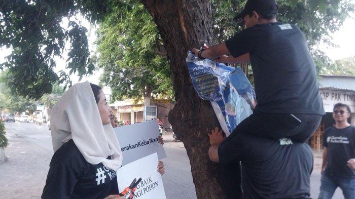 Sejumlah pemuda Sidoarjo saat mencabuti paku yang menancap di pohon