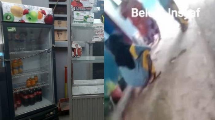 Dalam video yang beredar terlihat korban menangis sambil melihat jualan makanannya yang berserakan di lantai.