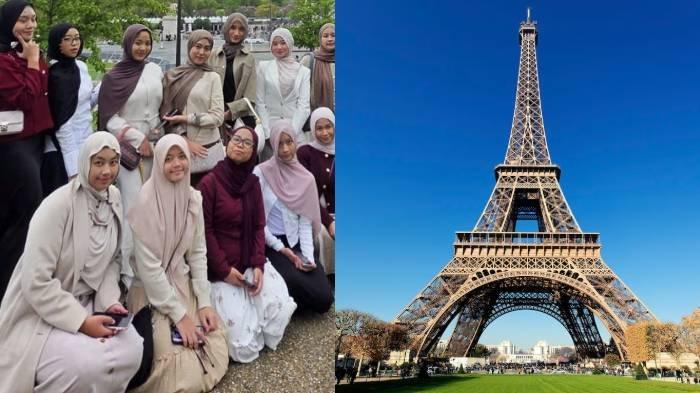 STUDY TOUR KE PARIS - Para siswi Al Azhar International Islamic Boarding School (IIBS) Karangpandan Karanganyar berfoto di kawasan Menara Eiffel Paris.