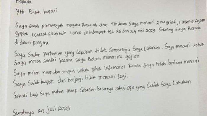Surat permohonan maaf pemuda di Surabaya yang ditahan karena mencuri di minimarket. Pelaku mengaku terpaksa mencuri karena kelaparan belum makan dua hari