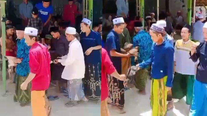 Tangkapan layar video viral, tamu undangan acara maulid Nabi Muhammad SAW di Kabupaten Sampang, Madura memperoleh ayam hidup sebagai oleh-oleh pasca pembacaan shalawat.