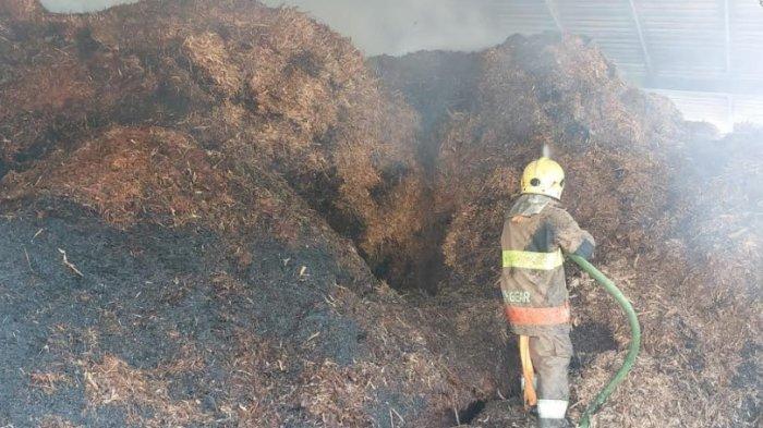 PROSES PEMADAMAN - Tim Damkar Kabupaten Kediri saat menjinakkan api di di Dusun Kartosari, Desa/Kecamatan Kandat Kabupaten Kediri, Selasa (3/6/2025). Butuh waktu 16 jam bagi petugas pemadam kebakaran untuk menjinakkan api yang membakar sebuah pabrik gula jawa milik Wisnu Prabowo. 