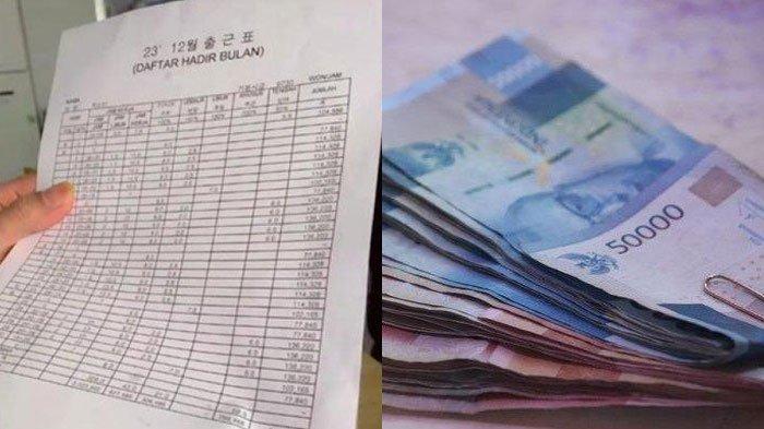 Seorang WNI pamer slip gaji kuli bangunan di Korea Selatan. Dalam sebulan, ia dibayar sebesar 3,2 juta won atau setara Rp38 juta.