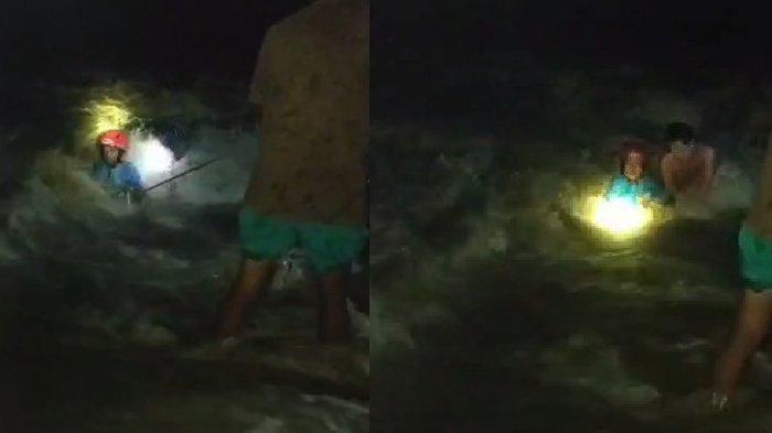Warga Desa Pelanglor, Kecamatan Kedunggalar, Kabupaten Ngawi, evakuasi pasutri yang terseret banjir akibat nekat menerobos derasnya arus air, Minggu malam (21/4/2024).