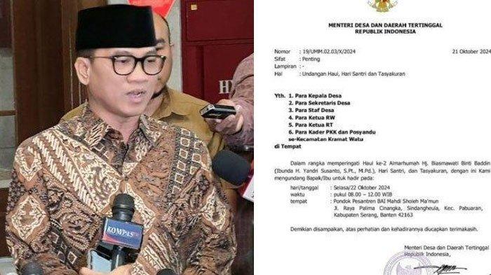 Menteri Desa Pembangunan Daerah Tertinggal (Mendes PDT), Yandri Susanto akhirnya minta maaf soal pakai kop dan cap stempel kementerian untuk acara pribadi. 