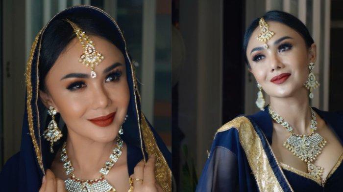 Yuni Shara tampil mengenakan busana India saat merayakan Hari Diwali atau Festival Cahaya.