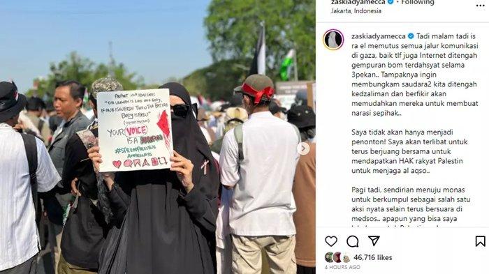 Zaskia Adya Mecca bagikan beberapa foto keterlibatannya di Monas bersama puluhan bahkan mungkin ratusan orang yang turut berikan aksi nyata bela Palestina