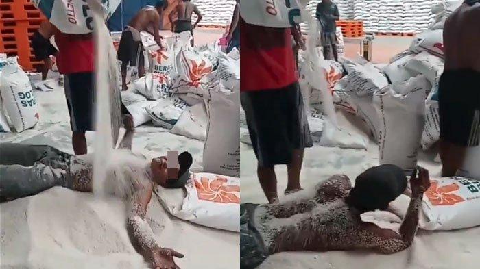 Aksi pria tiduran di atas beras Bulog jadi sorotan