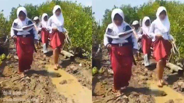 SISWA KALUNGAN SEPATU - Tangkapan layar video anak-anak berangkat sekolah lewati jalanan rusak penuh lumpur di Blok Empang Desa Eretan Wetan, Kecamatan Kandanghaur, Indramayu. Ternyata jalan rusak sudah berlangsung selama 15 tahun dan tak kunjung diperbaiki.