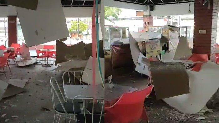 Video Amatir menayangkan material atap Sleko Food Court Kota Madiun ambrol timpa lapak pedagang, pada Minggu (Minggu (31/12/2023)