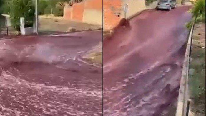 Tangkapan layar dari kejadian ledakan tanki penyulingan anggur dan menyebabkan banjir di jalanan Portugal.