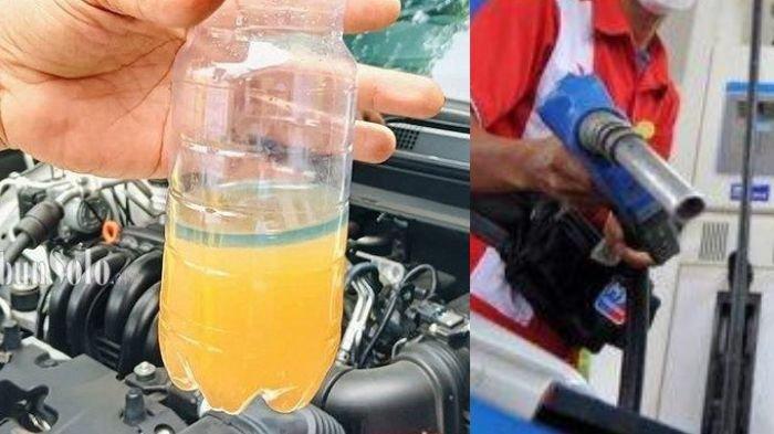 PERTAMAX BERCAMPUR AIR - (kanan) Ilustrasi pompa SPBU. (kiri) Seorang pria menunjukkan botol berisi BBM tercampur Air pada Sabtu (8/3/2025). Ini terkait postingan viral seorang warga yang mobilnya mogok setelah isi BBM di SPBU Pucangsawit, Solo, setelah diperiksa BBM ternyata tercampur air.