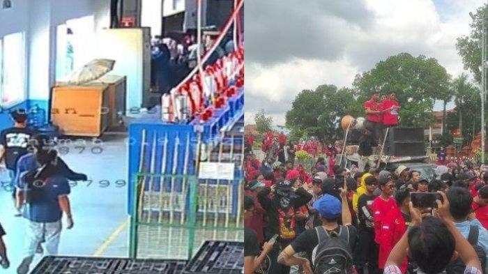 BURUH MOGOK KERJA - Tangkapan layar momen sweeping demo mogok kerja di PT Yihong Novatex Indoenesia di Cirebon, Jawa Barat (kiri). Demo tersebut berujung PHK massal. Para buruh lantas kembali melakukan unjuk rasa di depan Kantor Bupati Cirebon, Selasa (11/3/2025) (kanan).