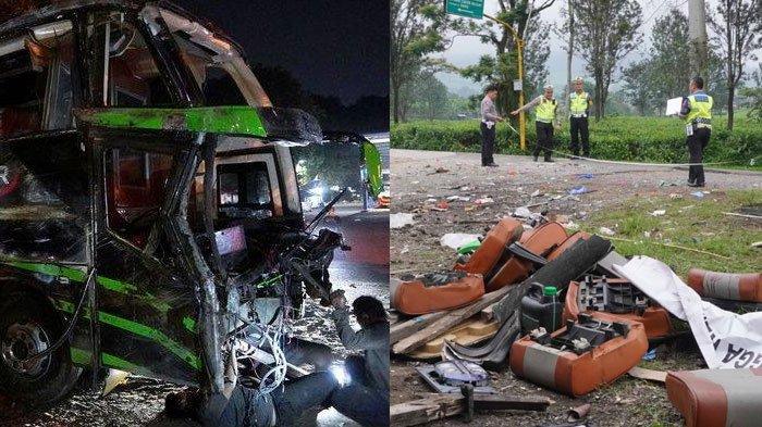 Kondisi bus Putera Fajar yang mengalami kecelakaan di Ciater, Subang, Sabtu (11/5/2024) malam. Kecelakaan rombongan SMK Lingga Kencana Depok itu membuat 11 orang meninggal dunia.
