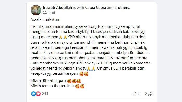 Postingan Irawati Abdullah, wali murid yang kecewa anaknya jadi anggota cadangan gerak jalan padahal sudah latihan selama satu bulan.