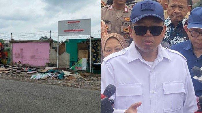 SIAP LAWAN PENGADILAN - Lahan depan Cluster Setia Mekar Residence 2, Tambun Selatan, Kabupaten Bekasi, yang turut terdampak penggusuran, Senin (3/2/2025) (kiri). Menteri Agraria dan Tata Ruang/Badan Pertanahan Nasional (ATR/BPN) Nusron Wahid saat mendatangi lahan sengketa di Desa Setia Mekar, Tambun Selatan, Jumat (7/2/2025) (kanan).
