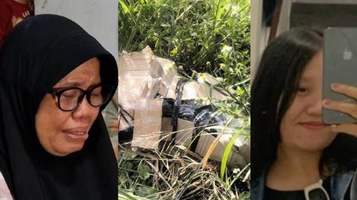 TANGIS IBU SEVI - (foto kiri) Sumaiyah tangisi kepergian Sevi Ayu Claudia (foto kanan), driver ojek online yang ditemukan tewas dalam kardus di Gresik pada Senin, (28/7/2025). Korban dihabisi dan jasadnya dimasukkan dalam kardus (foto tengah) gegara uang Rp5 Juta.