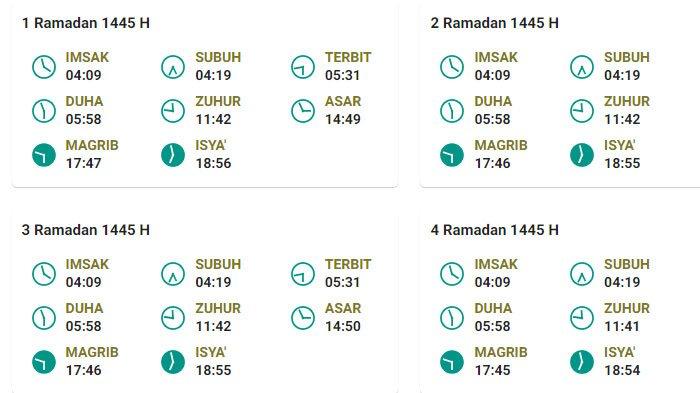 Tangkapan layar jadwal imsak dan buka puasa wilayah Surabaya 1-4 Ramadan 1445 H.