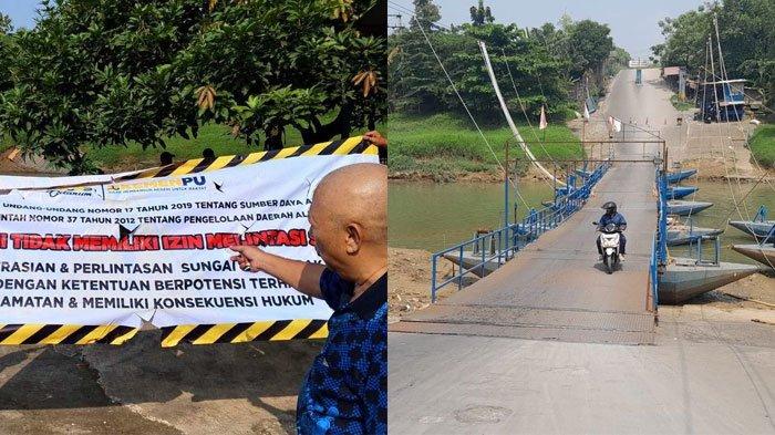 JEMBATAN BAKAL DIBONGKAR - Endang menunjukkan spanduk yang dipasang Balai Besar Wilayah Sungai (BBWS) Citarum di jembatan perahunya, di Desa Anggadita, Kecamatan Klari, Kabupaten Karawang, Jawa Barat, Selasa (29/4/2025). Kini jembatan beromzet puluhan juta rupiah tersebut terancam dibongkar BBWS Citarum.