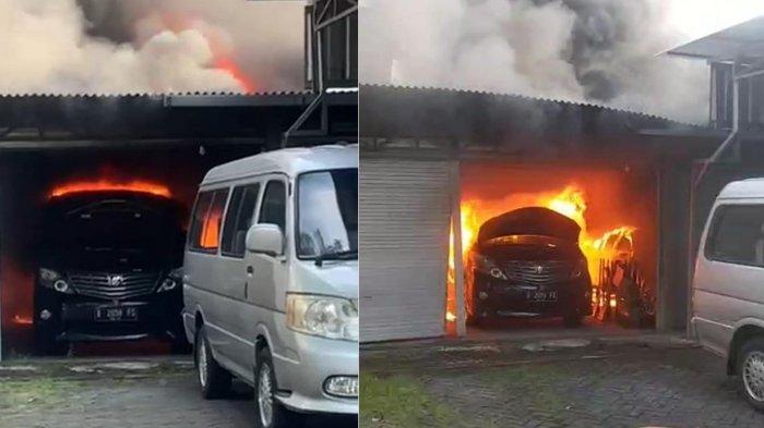 TERBAKAR HERBAT - Petugas pemadam kebakaran berjibaku memadamkan kebakaran garasi yang menghanguskan tujuh unit mobil yang terparkir di sebuah garasi kawasan Jalan Sidosermo Indah II, Wonocolo, Surabaya, pada Jumat (18/4/2025) sore.