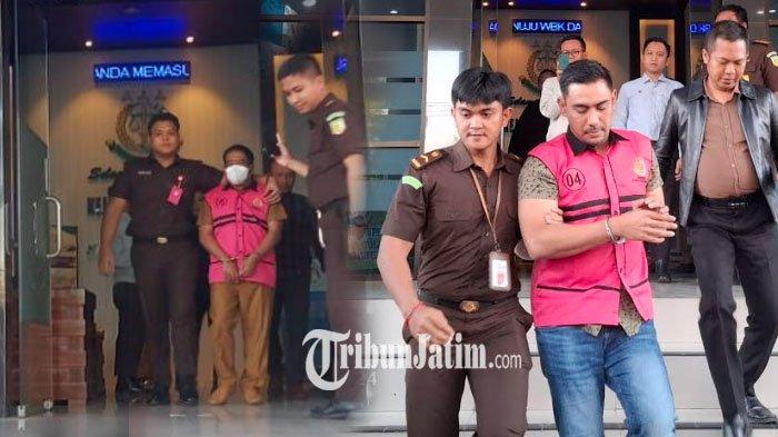 Kepala Diskoperindag Bondowoso memakai rompi pink saat keluar dari kantor Jaksa. RM Pengusaha Jember keluar dari kantor Jaksa atas korupsi proyek rekontruksi jalan bata senilai Rp 4 miliar.