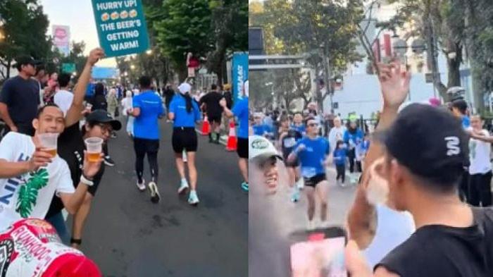 BAGI-BAGI BIR - Tangkapan layar video bagi-bagi bir gratis saat ajang lari Pocari Sweat Run 2025 yang digelar di Kota Bandung, Sabtu (19/7/2025) dan Minggu (20/7/2025). Komunitas lari Freerunners Bandung dan Pace & Place mendapat sanksi dari Pemkot Bandung.