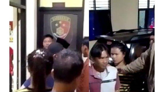 AJ (tengah kaos merah), wali murid ketapel guru SMA menyerahkan diri ke polisi dengan diantar keluarga, Sabtu malam (5/8/2023) di Mapolres Rejang Lebong.