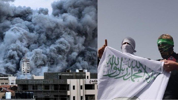 Kolase Gumpalan asap membumbung di atas gedung-gedung di Kota Gaza pada 7 Oktober 2023. saat serangan udara Israel menghantam gedung Palestine Tower. Sedikitnya 70 orang dilaporkan tewas di Israel, sementara pihak berwenang Gaza merilis jumlah korban tewas sebanyak 198 orang dalam eskalasi paling berdarah dalam konflik yang lebih luas sejak Mei 2021, dengan ratusan orang lainnya terluka di kedua belah pihak dengan para pria bertopeng mengangkat spanduk berlogo Brigade Ezzedine al-Qassam, sayap militer gerakan Hamas Palestina, setelah shalat Jumat pertama di bulan puasa Ramadhan, di depan kuil Dome of the Rock di Masjidil Haram. Kompleks masjid Al-Aqsa di Yerusalem, pada 24 Maret 2023.