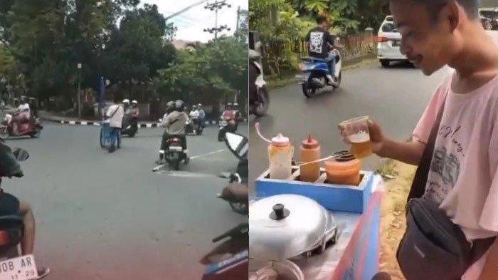 Aksi pedagang pentol dicekoki miras oleh pembeli viral di media sosial. Si pedagang berjalan sempoyongan sambil mendorong gerobaknya.