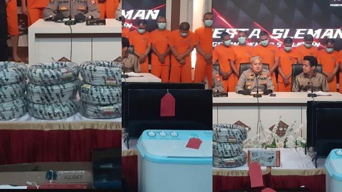 PENCURIAN TOKO - 15 pelaku pencurian barang-barang elektronik di Sleman, DI Yogyakarta saat dihadirkan dalam jumpa pers di Polresta Sleman pada Kamis (30/1/2025). Mereka merupakan pegawai toko dan membuat bos rugi Rp 500 juta.