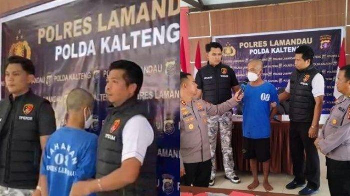 SANDIWARA - Tersangka pembunuh ibu kandung, S (30), diapit aparat kepolisian dalam konferensi pers kasus tersebut yang digelar di Mapolres Lamandau, Nanga Bulik, Rabu (25/6/2025).