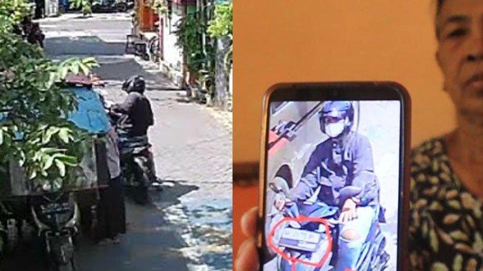 Tangkapan layar aksi pemotor misterius membegal kalung seorang nenek; Kamsiti saat sedang berbelanja sayur-sayuran di gang Jalan Kebonsari I, Jambangan, Surabaya, pukul 11.00 WIB, Senin (13/5/2024)
