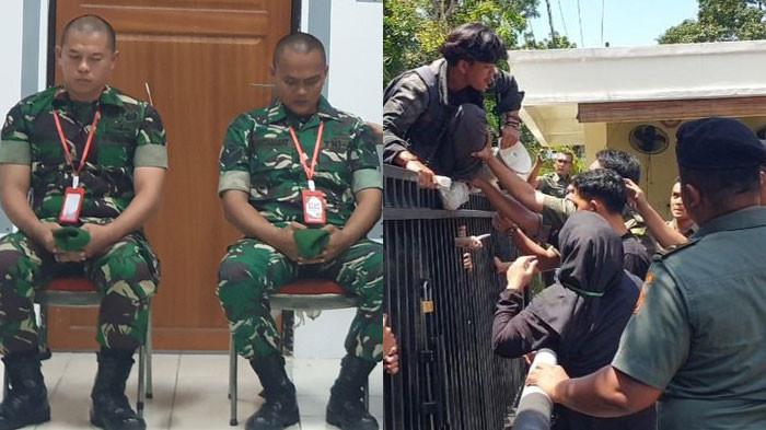 MINTA DIHUKUM RINGAN - Serka Darmen Hutabarat dan Serda Hendra Fransisco (kiri) menjalani sidang pledoi di Pengadilan Militer Medan I-02 Medan pada Kamis (17/7/2025). Sementara aktivis mahasiswa mengeruduk Pengadilan Militer I-02 Medan untuk bersuara atas janggalnya tuntutan terhadap dua prajurit TNI yang terlibat kasus tembak mati pelajar, inisial MAF (13).