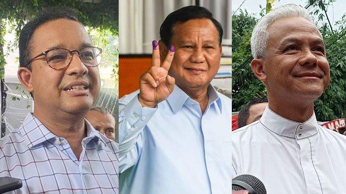 Anies Baswedan, Prabowo Subianto dan Ganjar Pranowo memberikan reaksi usai mencoblos di TPS masing-masing.