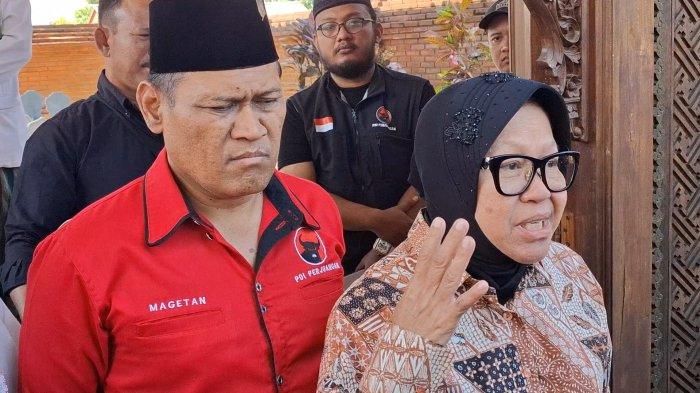 Bakal Calon Gubernur Jawa Timur Tri Rismaharini, ditemui awak media usai ziarah Makam Gubernur Soerjo, di Magetan, Kamis (29/8/2024).