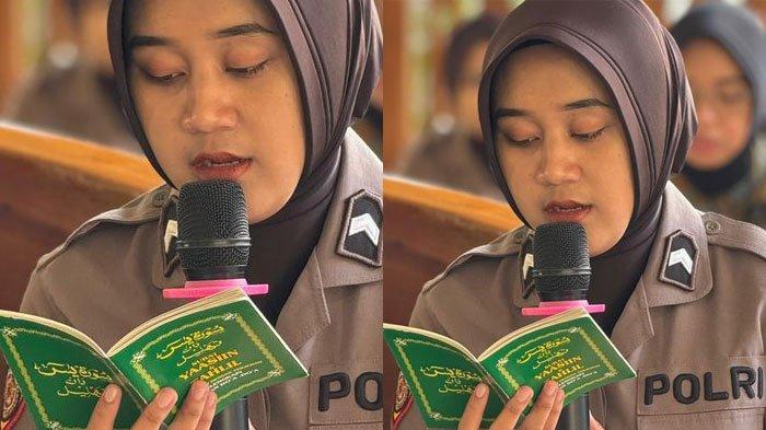 Bripda Sherly Rollyanissya saat memimpin doa bersama dalam dalam acara rutin pembinaan rohani dan mental (binrohtal) polwan Polresta Banyumas, Jawa Tengah, pada Selasa (11/6/2024).