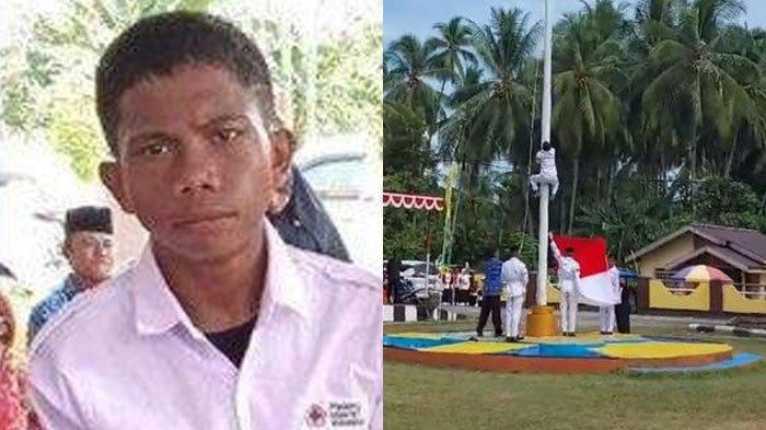 Riski Lamato memanjat tiang bendera pada upacara peringatan HUT ke-78 Proklamasi kemerdekaan di Kecamatan Sumalata Timur, Gorontalo Utara. Bendera yang siap dinaikkan di tiang tiba-tiba tali pengereknya putus.