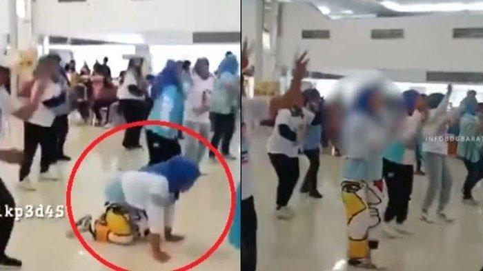 Seorang wanita berhijab mendadak ambruk saat asyik goyang gemoy. Wanita itu diketahui merupakan salah satu peserta flash mob goyang gemoy.