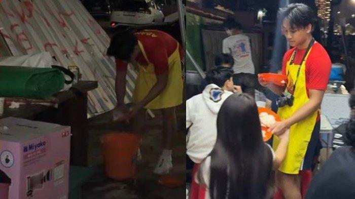 WARUNG ANAK ARTIS - Potret anak artis buka warung sate pinggir jalan di Jakarta. Ibu bangga bagikan momen putranya layani pembeli dan cuci piring sendiri.