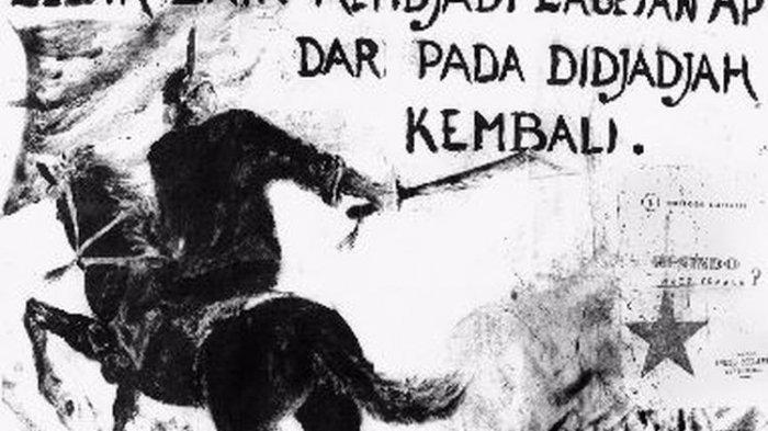 Gambar pejuang kemerdekaan dengan tulisan Lebih baik menjadi laoetan api dari pada didjadjah kembali. Gambar disita pada 14 Desember 1946 di Polewali, Mandar.