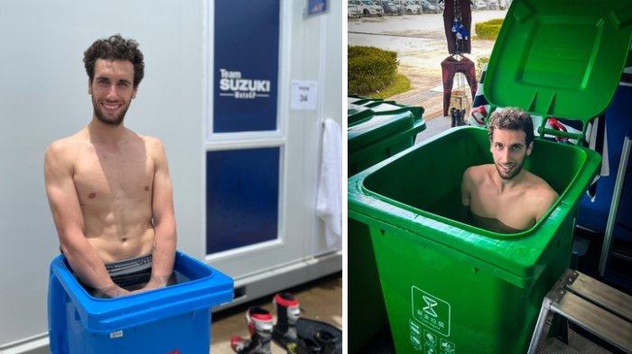 Rider Suzuki Ecstar, Alex Rins melakukan hal unik saat balapan di Sirkuit Mandailka, yakni berendam di tempat sampah