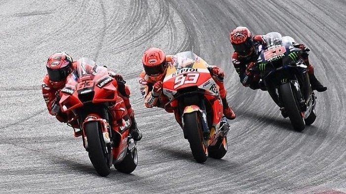 Jadwal tes pramusim MotoGP di Sirkuit Mandalika - Foto dok. Marc Marquez dan Francesco Bagnaia serta Fabio Quartararo saat balapan MotoGP Austria 2021.