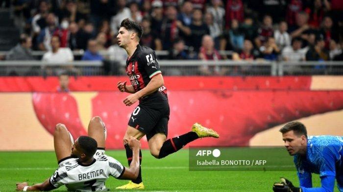 Brahim Diaz merayakan gol di Liga Italia Serie A antara AC Milan vs Juventus di stadion San Siro di Milan pada 8 Oktober 2022.
