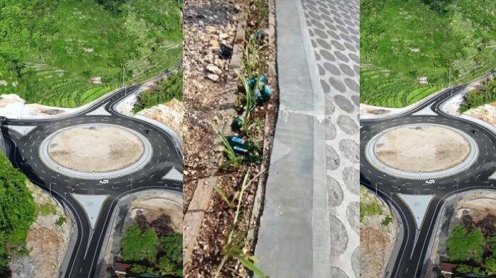 Penampakan dari atas desain Bundaran Plajan JJLS Gunungkidul yang sudah rampung dikerjakan (kiri/Tangkapan layar/akun Jogja info) dan Penampakan sampah botol minuman keras di pinggir jalan Bundaran Plajan (tengah/akun titik Kautsar D. Abadi), pada Senin (27/1/2025)