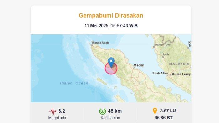 Gempa Bumi 6,2M di Aceh 11 Mei 2025 Pukul 15:57:43 WIB